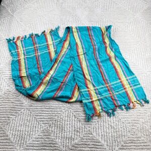 Glentex Scarf Turquoise Striped Embroidered Tassel Boho Festival Ecletic Hippie